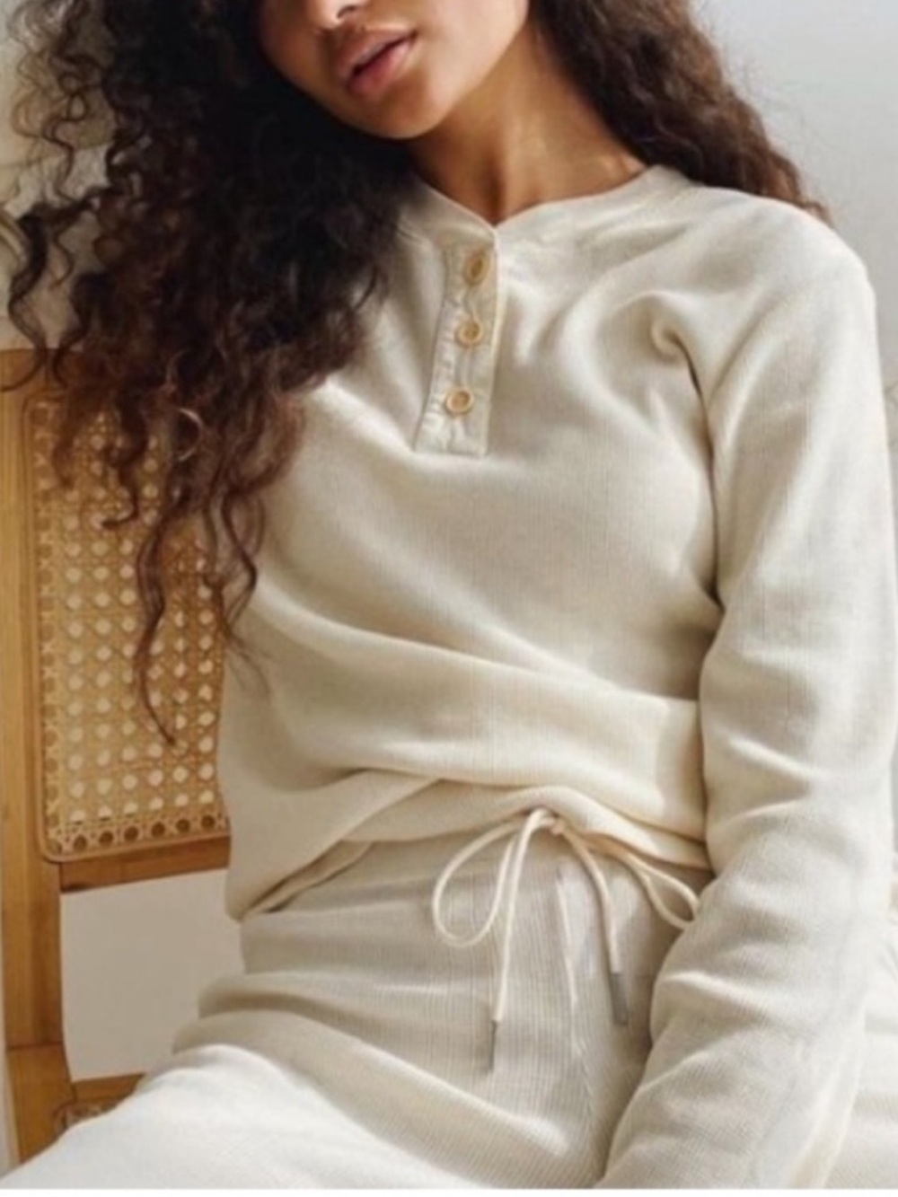 Mate the Label Harper Henley Top Thermal Oranic Waffle Knit Crew Bone White M - Picture 7 of 14